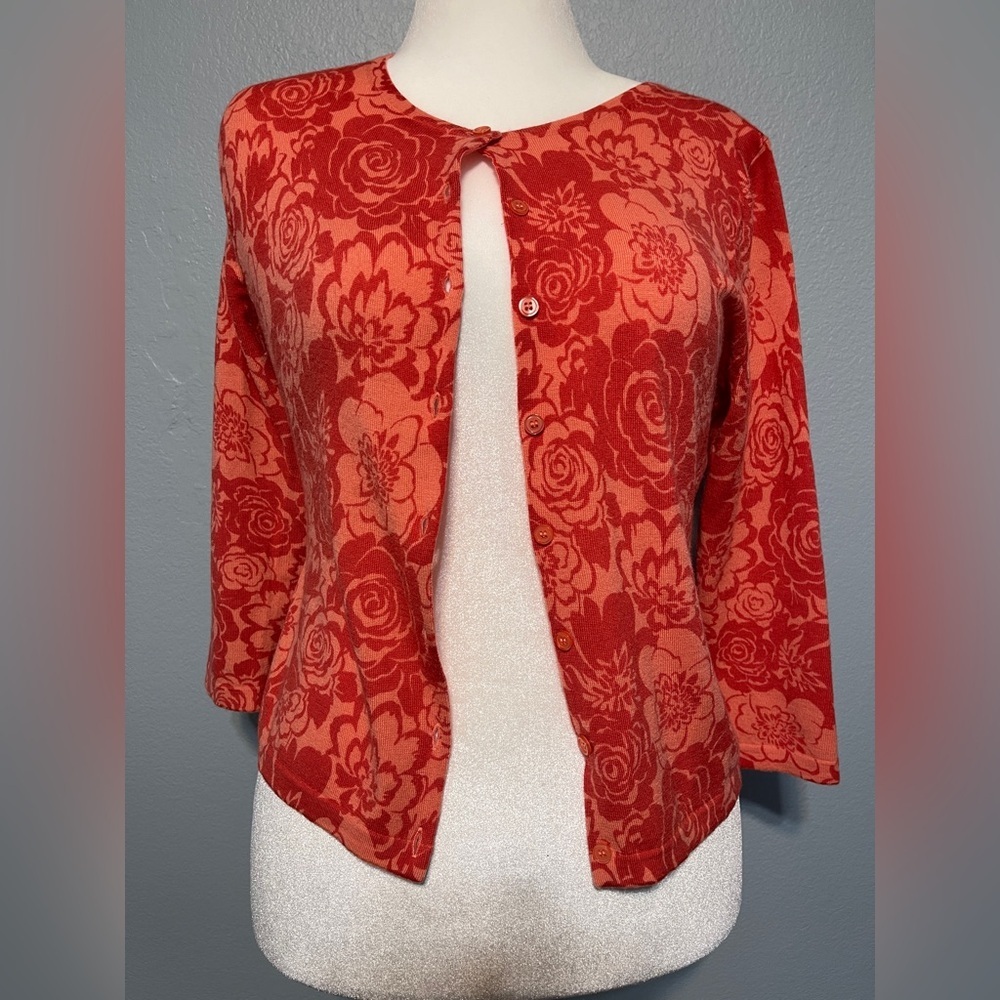 Garnet Hill Coral Floral Cardigan Sweater Button Front 100% Merino Wool Medium